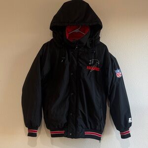 STARTER Black Atlanta Falcons Hooded Bomber Jacket with Red Accents Vintage